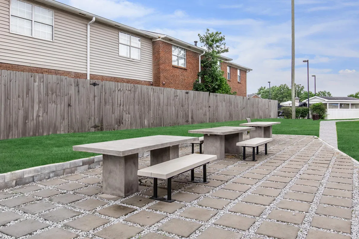 This image captures concrete tables and benches set on a grassy area enclosed by a wooden fence. The relaxed outdoor dining setup hints at picnics, casual meals, and space for children to play while adults socialize.